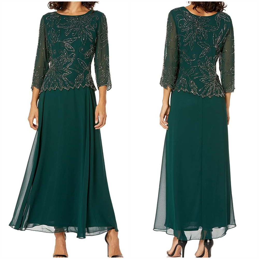NWT J Kara Hunter Green beaded 3/4 sleeve popover formal dress gown 16P